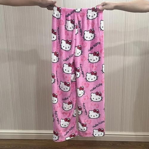 Image of BIUGNVW Anime Pajamas Pants Women Cartoon Family Christmas Pajama Pants Kawaii Flannel Pajama Pants Black and Pink