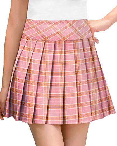 Image of MANGOPOP Women Girls High Waist Pleated Skater Tennis School Uniform A-line Skirts (Pink(Plaid), Small)