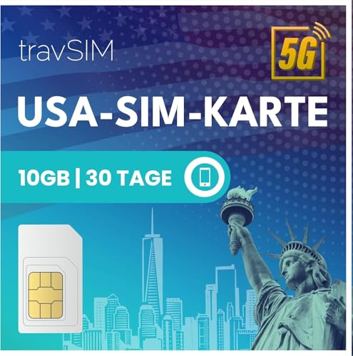 SIM Karte USA travSIM | 10GB Mobile Daten mit 4G/5G Geschwindigkeiten für die USA – Voller Zugang zu Google, Facebook, Whatsapp & Mehr | SIM USA plan mit 30 Tagen Gültigkeit