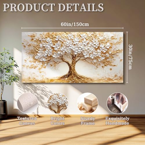 SERIMINO White Gold Tree of Life Wall Art, Blooming Flower Tree Extra Large Artwork, Abstract Landscape Canvas Art Prints, Modern Oversized Pictures Wall Decor Living Room Office Ready to Hang 30"X60"