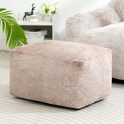 HollyHOME 15"(H) Bean Bag Ottoman Pouf, 6.6LB Memory Foam Filled Footstool for Sofa, Accent Stuffed Footrest Stool with Washable Cover, Single Footrest Stool for Living Room, Bedroom, Brown Cover