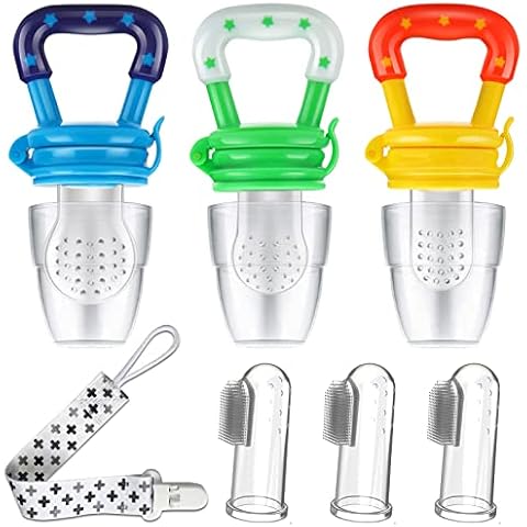 Baby Fruit Feeder, 7 Pack Weaning Dummies Set Include 3 Soft Silicone Baby Toothbrushes 3 Pcs Fresh Food Feeder Pacifiers with Pacifier Clips, Teething Dummy for Babies Infant Toddlers Cover