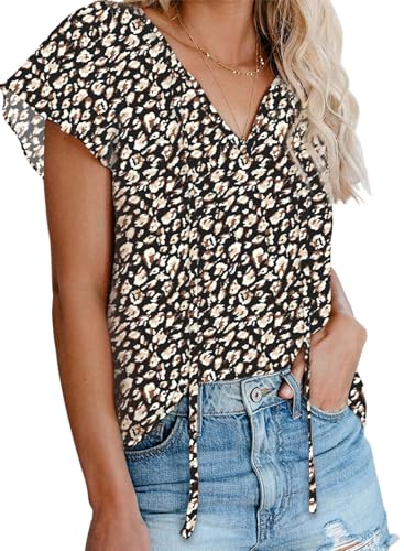 Dokotoo Damen Bluse Sommer Blumen Kurzarm Tunika Boho Chiffon V-Ausschnitt...