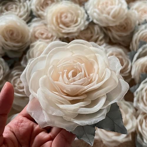 Image of Camellia Bees Handmade Silk Rose Brooch 3.5 inch - Elegant Organza Flower Corsage Pin for Women, 12th Silk Anniversary Keepsake for Her (Off White)
