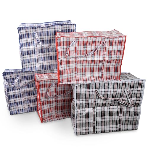 DIVCHI 5 Pack Laundry Bags With Strong Handle & Dual Zip Checkered Reusable Multipurpose Boxes | Shopping Totes | Storage Bag | Moving Bags | Clothes Box (Large, 80 x 70cm)