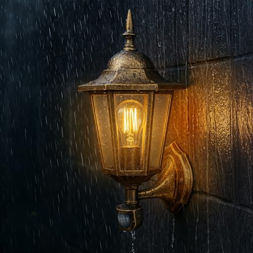 Lumiled Außenwandleuchte mit Bewegungsmelder Vintage 230V Wandlampe Außenlampe Wandleuchte Aluminium Patina Glas IP44 Wasserdicht für E27...