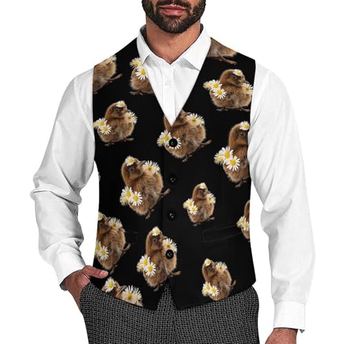 Kiwi Bird with Daisy Flowers Novelty Men's Suit Vest Funny Formal Dress Vests Business Waistcoat