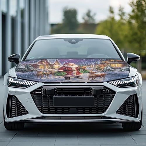 Image of Christmas Santa Claus Deer Car Hood Cover Polyester Elastic Fabrics Can be Washed Suitable for SUV Trucks Universal for Cars