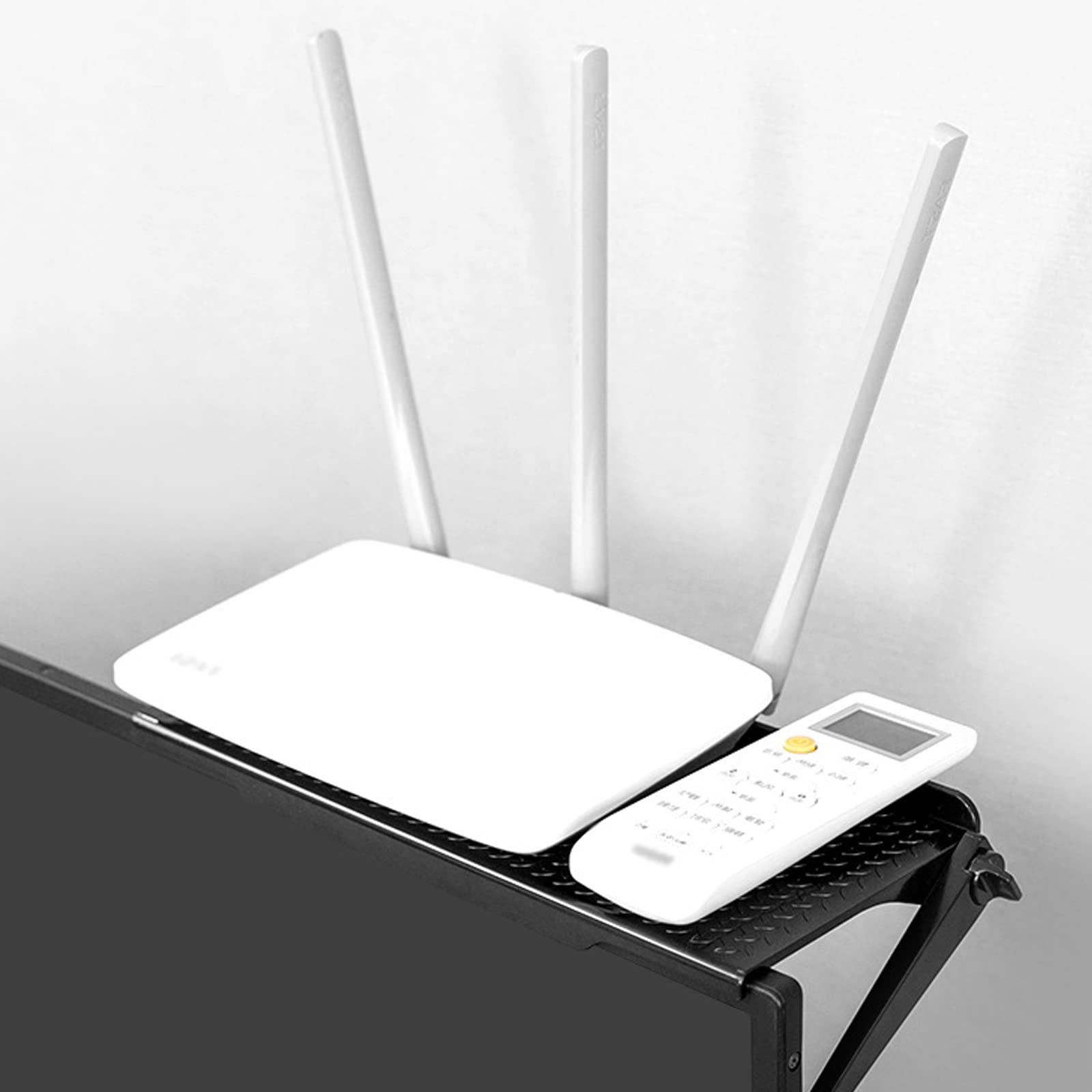 Regulowana półka ekranowa, górny ekran TV, półka do dekodera, bez uderzenia, wytrzymała i stabilna, aplikacja na TV Box, router, aparat, pudełko do gier (czarny)