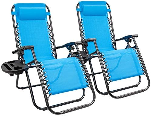 Kemon Zero Gravity Folding Lounge Outdoor Patio Adjustable Reclining Chair with Pillows and Cup Holders for Beach Set of 2, Blue