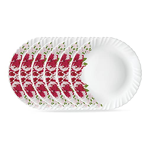 Image of Larah by BOROSIL Rose Red 6 Pcs Opalware Plate Set (Dia - 10 inch), White