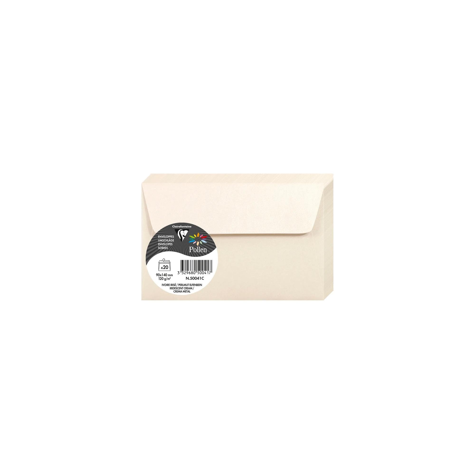 Clairefontaine 50041C - Paquet de 20 Enveloppes Auto-​Adhésives - Format 9x14cm - 120g/​m² - Coloris Ivoire Irisé - Invitation Evènements et Correspondance - Gamme Pollen - Papier Premium Lisse