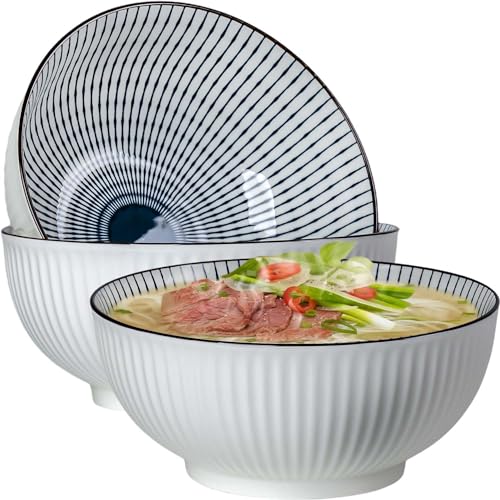 QINLANG Large Soup Bowls, Pho & Ramen Set of 3, 60 oz Blue & White Porcelain Big Bowls - Striped Pattern