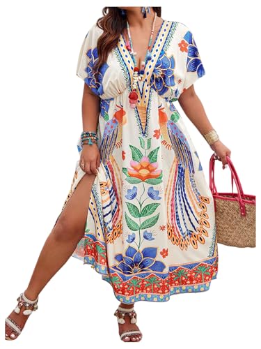 Floerns Women's Plus Size Tribal Print Dolman Sleeve Slit Summer Maxi A Line Dress