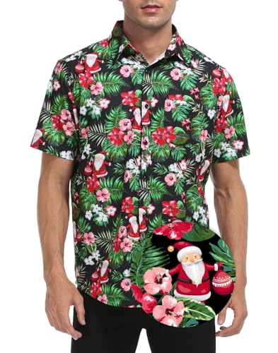 HDE Mens Hawaiian Christmas Button Down Shirts Short Sleeve Tropical Dress Shirt Tropical Santa - M