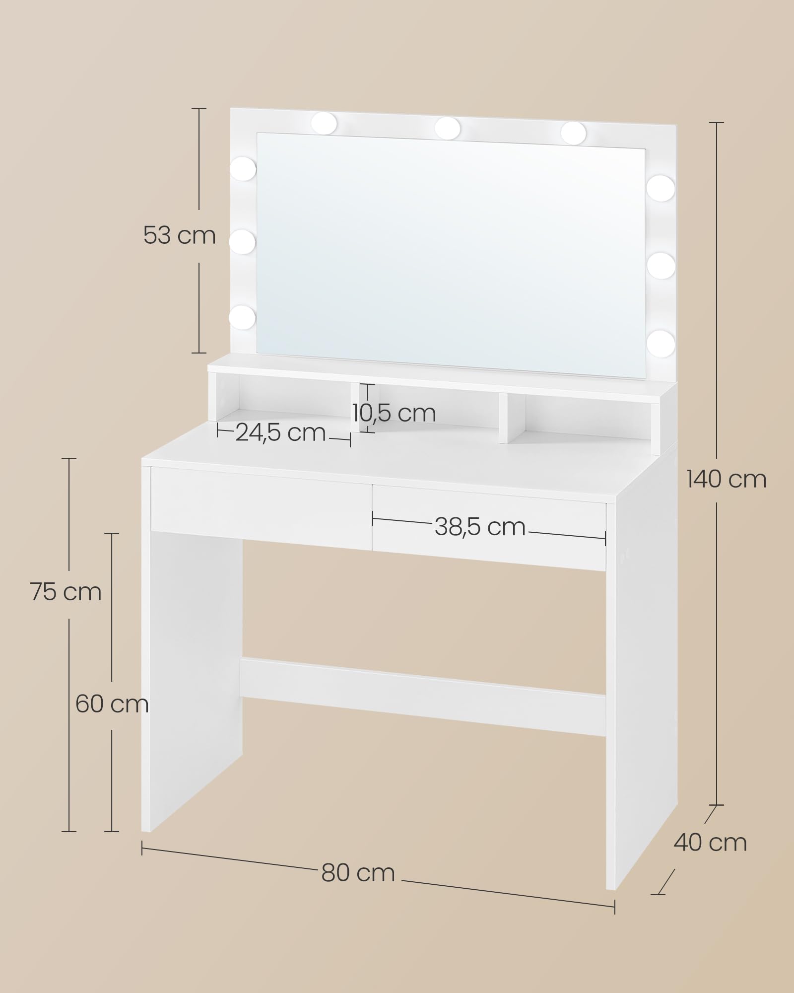 VASAGLE KAILYN Collezione - Tavolo da Trucco, Toeletta con Luce LED, Regolabile a 3 Colori, con Specchio, Tavolo Cosmetico con 2 Cassetti e 3 Scomparti Aperti, Bianco Nuvola RDT120WB01
