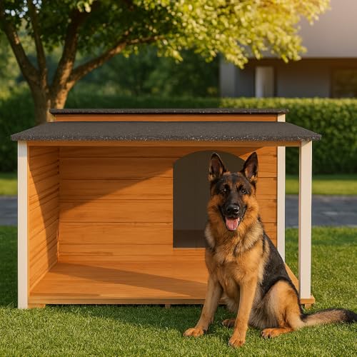 Outentin Hundehütte Isoliert Winterfest XL - Hundehaus mit Flachdach & Terrasse Für Große Hunde - Stabile Hütte für Draußen - Wetterfest Haus mit Wärmedämmung - 123 x 105 x 73 cm - Eiche