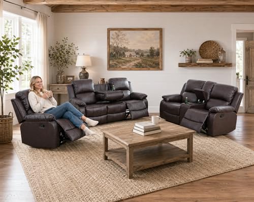 Seruancielo Bonded Leather Living Room Furniture, 3 Pieces Recliner Sofa Set with Cup Holders&Storage Console, Manual Reclining Leather Couches for Living Room (Brown, Sofa+Loveseat+Chair)