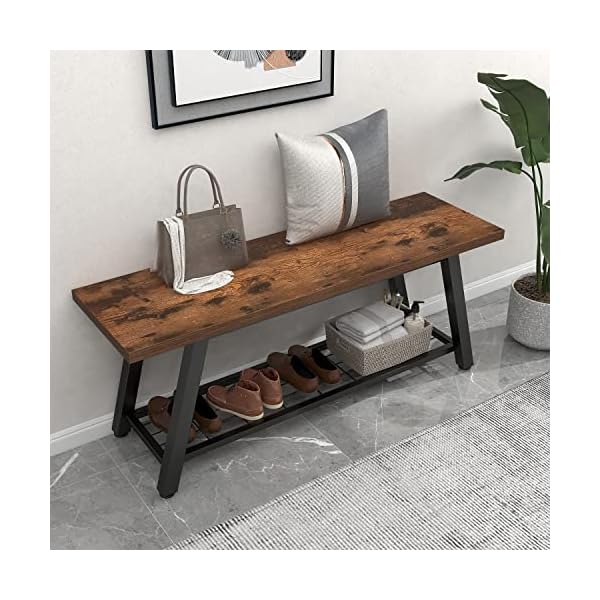 Oastreeful Storage Bench Industrial Rustic Wooden and Metal Entryway Shoe Boots Storage Rack Long Bench Seat for Hallway Bedroom Retro Brown Farmhouse Style