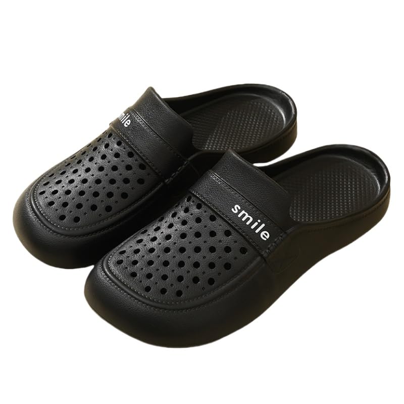 Black EVA Anti-slip Baotou Slippers - Women's Flat Bottom Breathable Outdoor Summer Half Shoes with Thick Bottom and Hole Design