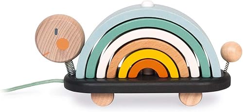 Miniatura 6 de Janod - Sweet Cocoon madera arco iris tortuga apilamiento y tirar juguete 7 piezas construcción y anidación pila con 6 arcos pastel, cabeza batiente