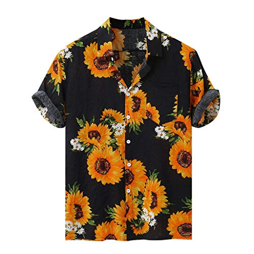 JiaMeng_ZI Ropa de Moda, Hawaiana Estampado de Girasol Camisa Casual Suelto Manga Corta Shirt Blouse Colorful Verano Cárdigan Transpirable Tejido Compuesto Tops