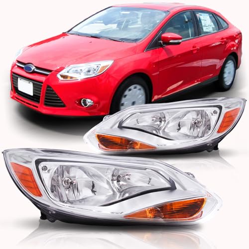 Headlights Assembly with bulbs Compatible with 2012 2013 2014 Ford Focus Headlamp Replacement Chrome Housing Pair