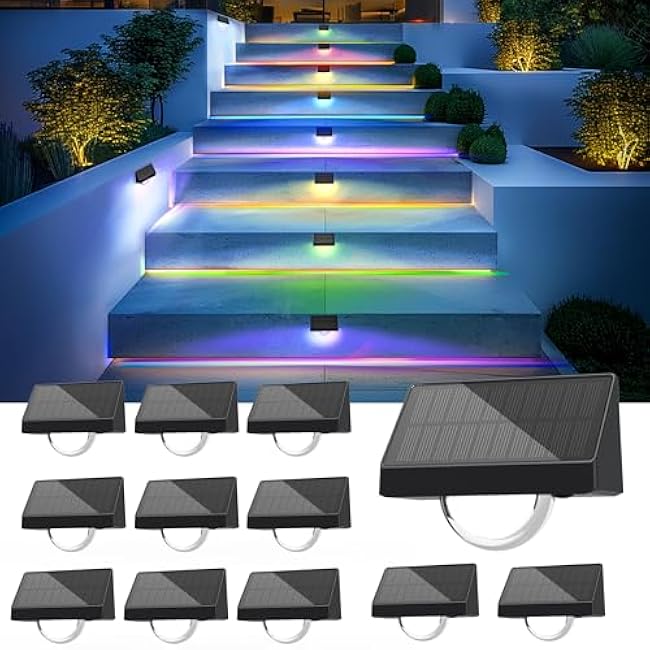 SOLPEX Solar Stair Lights Outdoor Waterproof, Solar Step Lights for Outside with 8 Fixed Colors & RGB Color Changing, Deck Light Decor for Garden Stair, Patio, Backyard, Fence, Poolside(12 Pack)