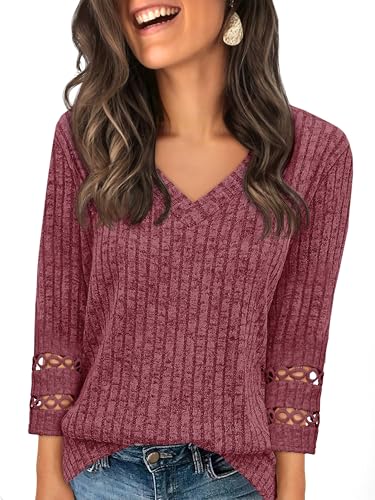 T-shirt décontracté col en V Tankaneo avec manches 3/4 en dentelle élégante pour femme