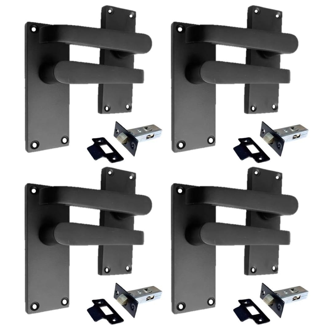 Epsom Door Handle Black Matt Straight Door Handle Set - Victorian Style Internal And External Lever Door Handles With Backplate 118Mm X 42Mm (4 Pair Of Latch Handles + Tubular Latch)