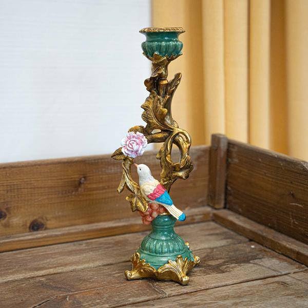 Kerzenständer Vogel & Blume, Gold, Blau & Grün, 33cm | Dekorativer Kerzenleuchter, Stilvolle Tischdeko, Wohnaccessoire