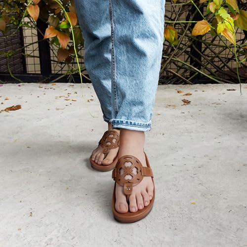 Women's Flip Flops Thong Sandals Comfortable Flat Slippers Breathable Beach Dressy Slide for Summer Style,Brown Pu,92