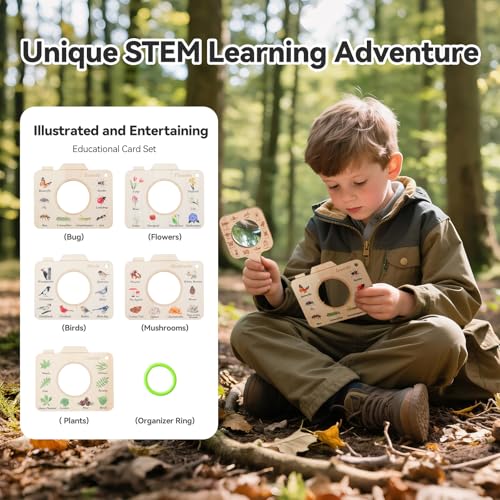 Magnifying Glass for Kids Wooden Montessori Educational Explore Toy Magnifying Glasses and Wood Bug Cards for Outdoor Adventure Birthday Gift for Boys Girls Ages 3+