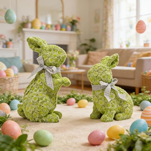 Resin Rabbit Sculpture Set, Small Flower Resin Rabbit Ornaments, Valentine's Day and Easter Decorations, Indoor and Outdoor Home Decorations, Gifts, 2-Piece Set (One Large and One Small) (Green)