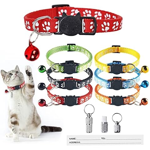 6 Stück Katzenhalsband Welpenhalsband, mit 2 Stück Namen Adresse Tags Set und Sicherheitsverschluss Cover