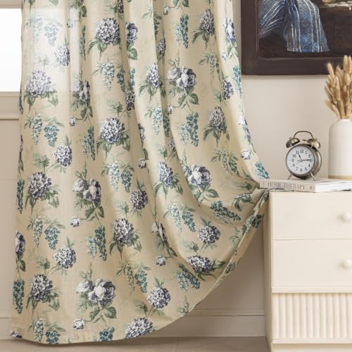 Image of Clasiko Block Print Sheer Door Curtains; 40% Light Filtering Linen Textured Curtains with Eyelets; Set of 2 | 54x108 Inches / 9 Feet | Glory Blue