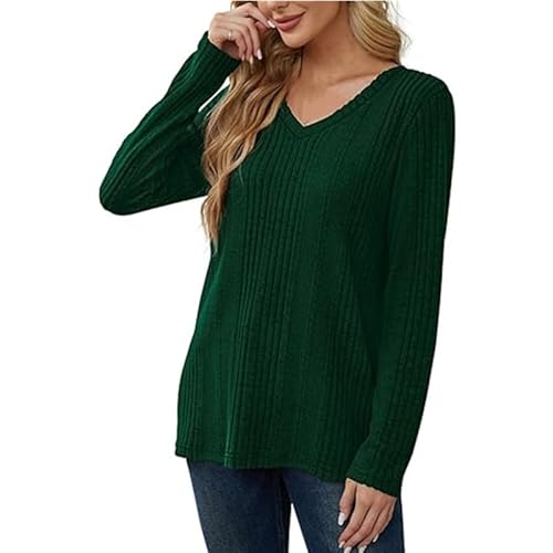 Kenhansion Long Sleeve V Neck Shirts for Women Casual Fall Fashion Tunic Tops Loose Pullover Sweaters Blouses Daily Outfits (Dark Green,X-Large)