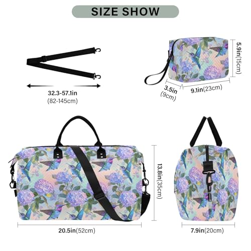 Large Travel Duffel Bag Sports Tote Gym Bag Overnight Weekender Bags Hummingbird Hydrangea Carry On Luggage with Toiletry Bags3