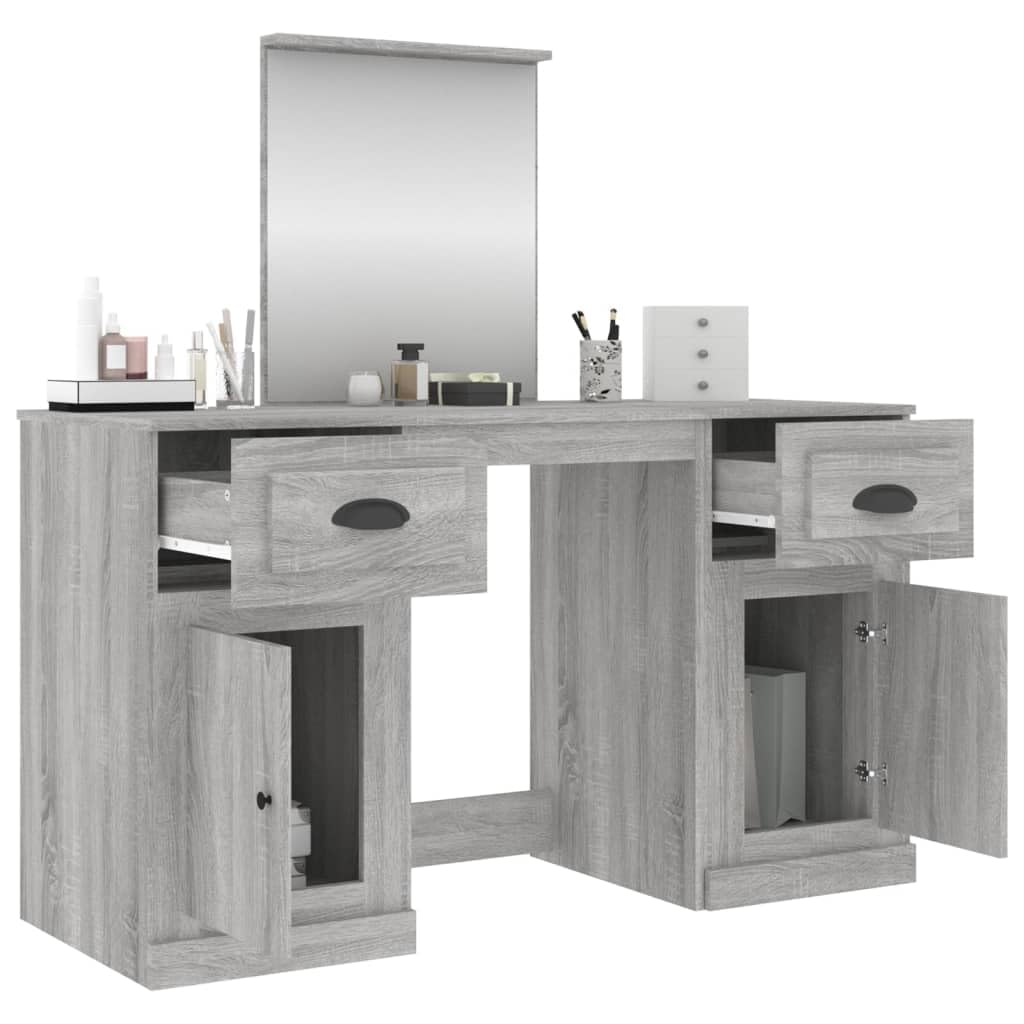 Tocador con espejo gris Sonoma de madera, 130 x 50 x 132,5 cm, con cajón, taburete, iluminación LED y espacio de almacenamiento para dormitorio o habitación de niña