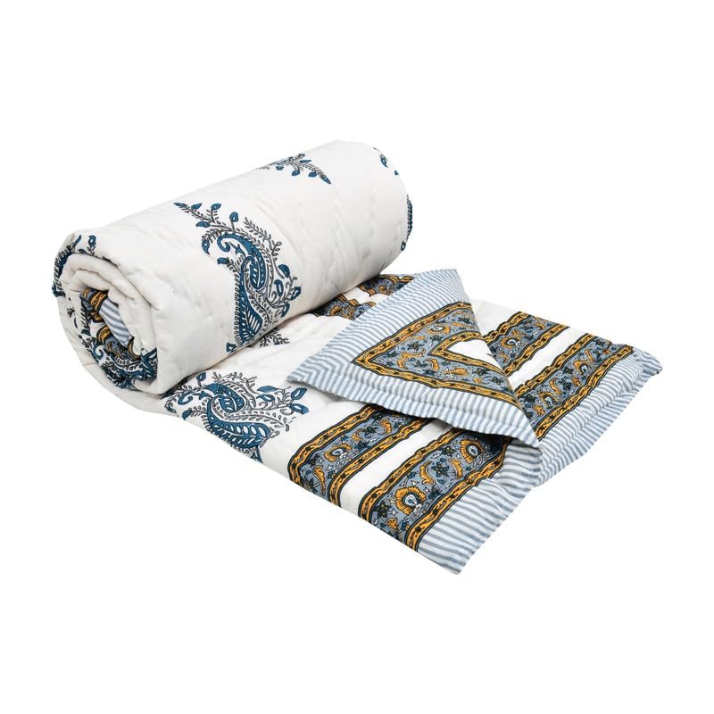 Image of BLOCKS OF INDIA Cotton Single Size Quilt Hand Block Print for Light Winters (60x90 Inches) (Grey Yellow BUTI)-300 TC