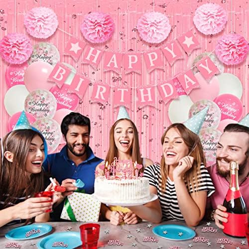 Birthday Decoration for Girl Women , Pink White Balloons Birthday Party Decorations, Happy Birthday Banner Decorations, Paper Pompom, Curtain Foil Tablecloth for 1th 18th 21th 30th 40th 50th