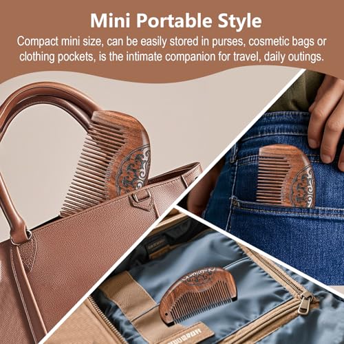 Natural Sandalwood Fine Tooth Comb - Anti Static Wooden Comb for Women, Smooth Detangling Hair Comb, Portable Travel Mini Wood Combs for Curly & Straight Hair