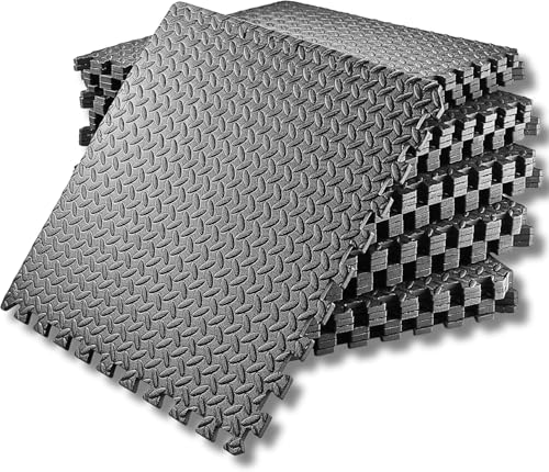 SAKUSEI Tools 60x60x1cm Soft Interlocking Gym Flooring - Heavy Duty EVA Foam Floor Mat for Home Gym Yoga Garage Non-Slip. (Black 4 Mats (16 sq ft.))