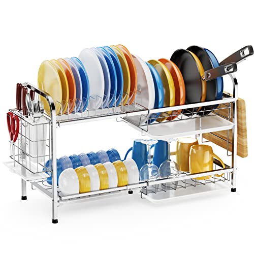 Amazing 🔥 Dish Drying Rack, iSPECLE Expandable 2 Tier Extra Large Dish Rack for Pot and Pan Stainless Steel Pan Rack with Pot Holder Drain Board Utensil Holder for Kitchen Countertop, Silver