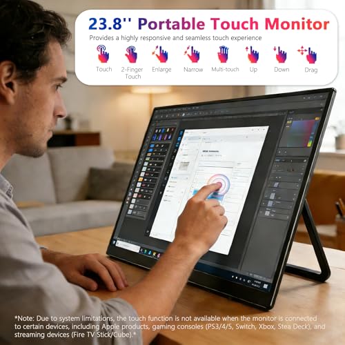 Image of QQU 23.8 inch Large Portable Touchscreen Monitor, 1080P 100Hz FHD 100% sRGB USB-C HDMI Home Gaming Second Monitor Speakers w /120Stand & VESA Travel Monitor for Laptop, MacBook, PC, Phone, Tablet, Switch