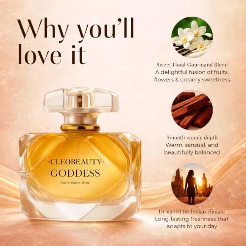 Image of TheCLEOBEAUTYCo Goddess Eau De Parfum for Women | Long Lasting Rose Oud Praline Fragrance | Strong Projection Luxury Perfume | Premium Date Night & Gift Perfume | 80 ml