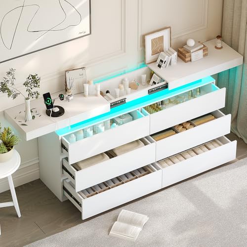 White Dresser with LED Lights,6 Drawer Dresser for Bedroom Sliding