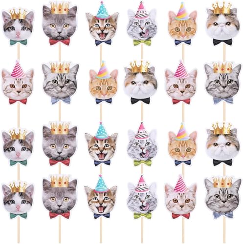 Heyumybit 24 Pcs Decoración Tarta Fiesta Gatos,Gatitos Tartas Cupcake Cake,Gatos Cupcakes Decoración,Topper Tarta Cumpleaños para Amantes de los Gatos,Temática de Baby Shower