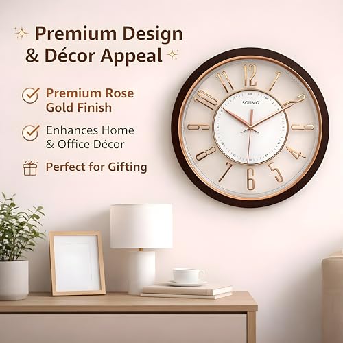 Image of Amazon Brand - Solimo 12.7 Inches Silent Wall Clock for Living Room Bedroom Office Wooden Look Plastic 3D Easy to Read Numbers Modern Stylish Sweep Movement Wall Clock for Home - 1600TS (Wood Copper)