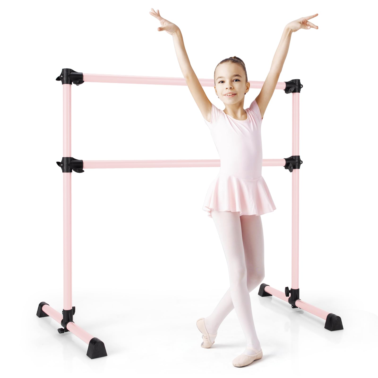 Costzon Portable Ballet Barre, 4FT Adjustable Double Freestanding Ballet Bar w/Anti-Skid Pad, Stable Base, Heavy-Duty Dancing Stretching Bar for Home, Fitness, Ballet (Light Pink)